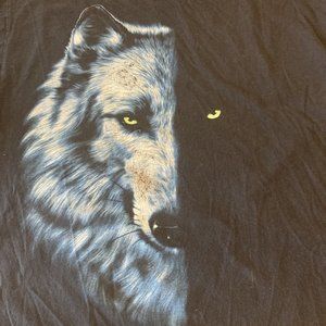 Vtg WOLF with GREEN EYES Shadow Black Shirt LG Graphic HD Size L Emo Hipster
